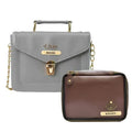 Customized Women's Buttoned Leather Bag + Mini Make up Kit - Grey Brown