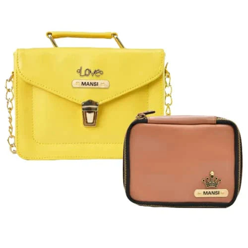 Customized Women's Buttoned Leather Bag + Mini Make up Kit - Yellow Tan