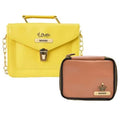 Customized Women's Buttoned Leather Bag + Mini Make up Kit - Yellow Tan