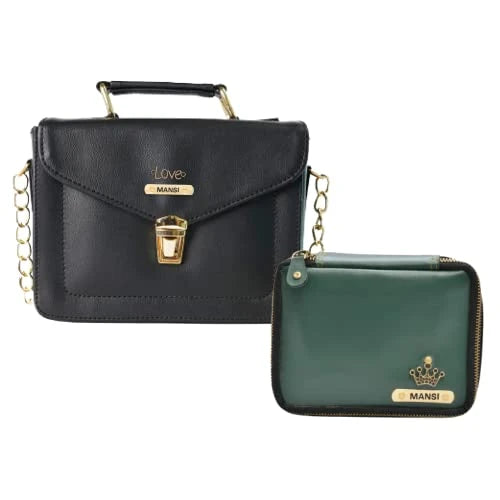 Customized Women's Buttoned Leather Bag + Mini Make up Kit - Black Olive Green