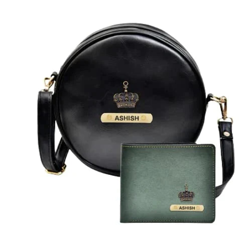 Classy Leather Customized Chained Sling Bag Round + Men's Wallet - Black Green