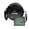 Classy Leather Customized Chained Sling Bag Round + Men's Wallet - Black Green
