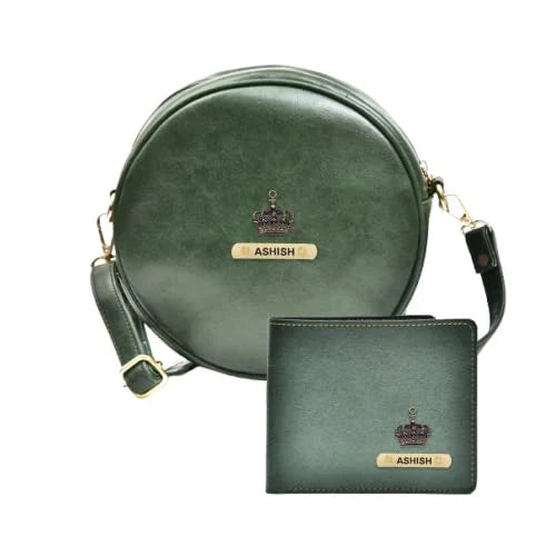 Classy Leather Customized Chained Sling Bag Round + Men's Wallet - Green Green