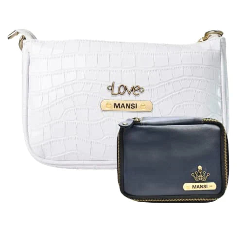 Customized Women's Croc Sling Bag + Mini Make up kit - White Royal Blue