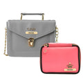 Customized Women's Buttoned Leather Bag + Mini Make up Kit - Grey Pink