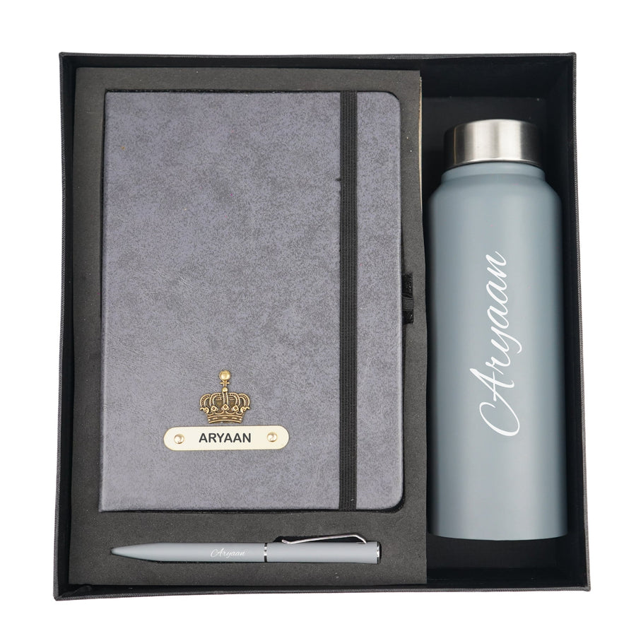 Classy Hardcover Diary + Classic Metal Pen + Classic Smart Bottle - Grey