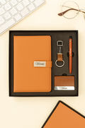 Classy  Metal Flip Diary + Classic Metal Pen + Classy Leather Metal Keychain +Classy Card Holder - TAN