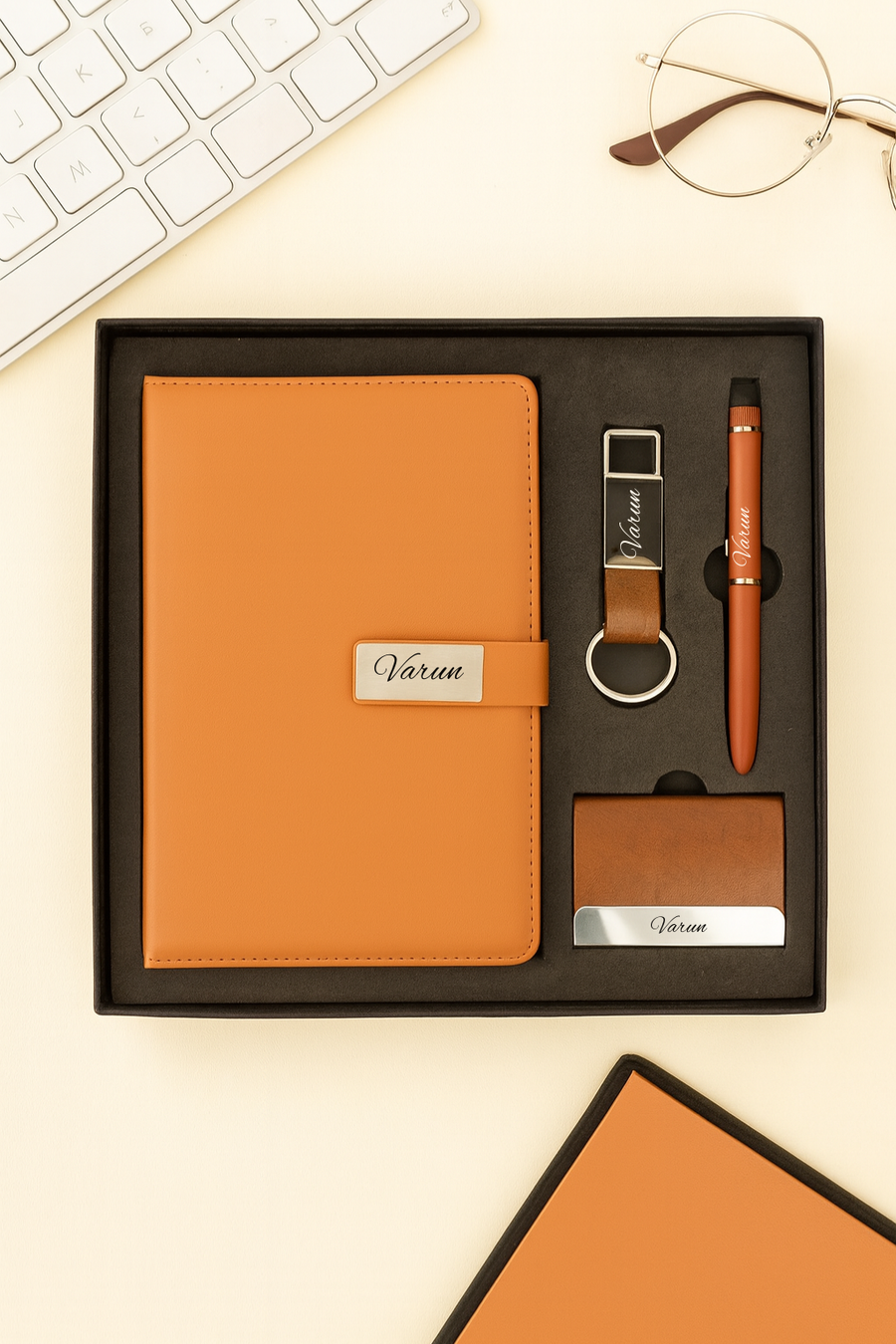 Classy  Metal Flip Diary + Classic Metal Pen + Classy Leather Metal Keychain +Classy Card Holder - TAN