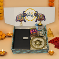 "Personalized Diwali Gift Hamper 4.0-BLACK✨ Metal Flip Diary, Kacchua with Glass Plate Lucky Charm, Peacock Tea Light Candle, Shubh Labh Latkan, Almond Jar & Designer Box | Festive Gift Hamper 🎁