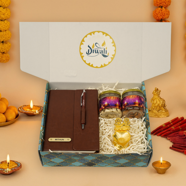 "Personalized Diwali Gift Hamper 1.0-BROWN✨ Diary with Pen, Almond & Kaju Jars, Laxmi Ganesh Diya, Designer Box | Customizable Gift Hamper for Festive & Corporate Gifting 🎁