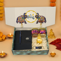 "Personalized Diwali Gift Hamper 3.0-BLUE✨ Nexon Flip Diary, Brass Pen, Metal Keychain, Laxmi Ji Diya, Shubh Labh Latkan, Kaju & Almond Jars, Designer Box | Festive & Corporate Gift Hamper 🎁