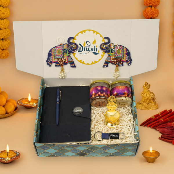 "Personalized Diwali Gift Hamper 3.0-BLUE✨ Nexon Flip Diary, Brass Pen, Metal Keychain, Laxmi Ji Diya, Shubh Labh Latkan, Kaju & Almond Jars, Designer Box | Festive & Corporate Gift Hamper 🎁