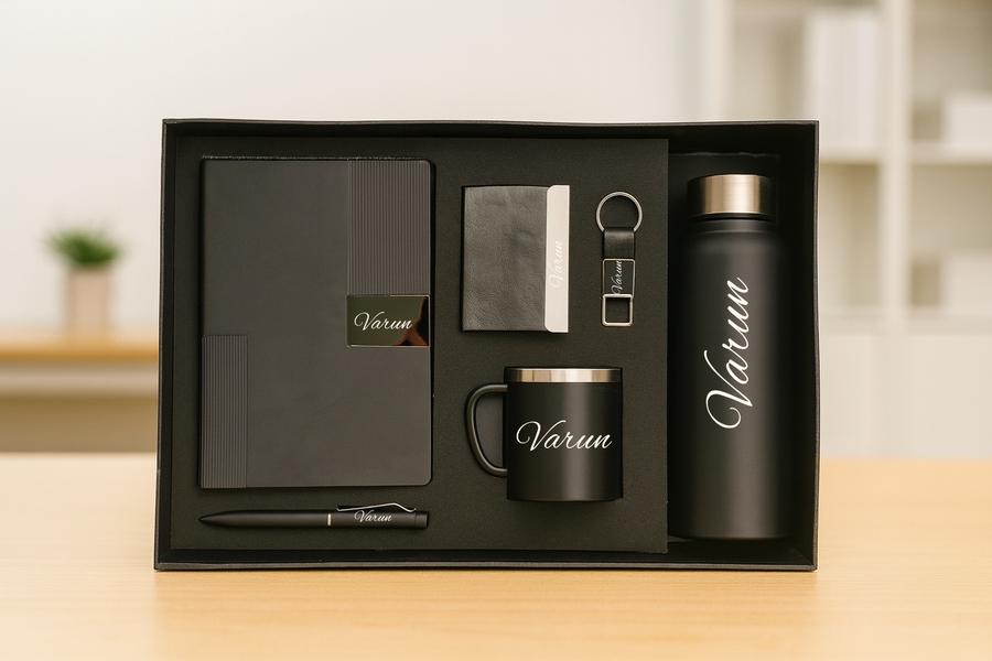 Nexon  Diary + Nexon Metal Pen + Classy Leather Metal Keychain + Classy Metal Card Holder + Classic Smart Bottle  + Stainless Steel Mug - BLACK