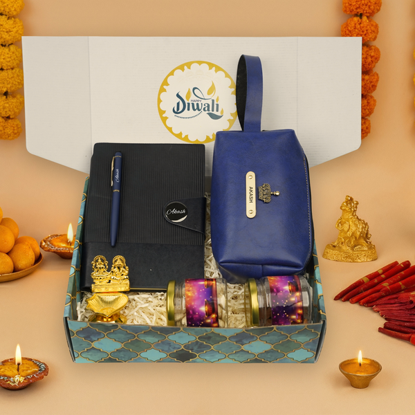 "Personalized Diwali Gift Hamper 10.0-BLUE ✨ Nexon Gift Hamper – Flip Diary, Pen, Pouch, Laxmi Ganesh Metal Diya, Almond & Kaju Jars, Designer Box | Festive & Corporate Gifting 🎁