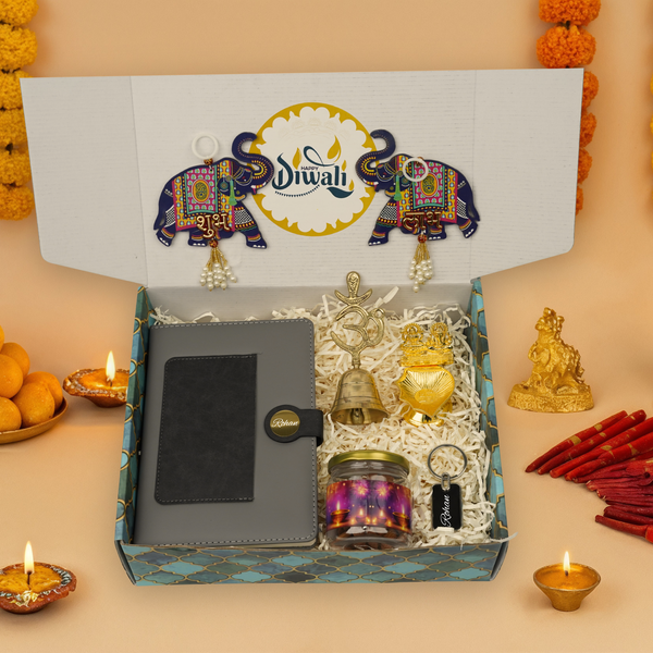 "Personalized Diwali Gift Hamper 2.0-GREY “Dual Shade Diary, Metal Keychain, Om Brass Bell, Laxmi Ganesh Diya, Almond Jar & Shubh Labh Latkan – Festive Gift Box”