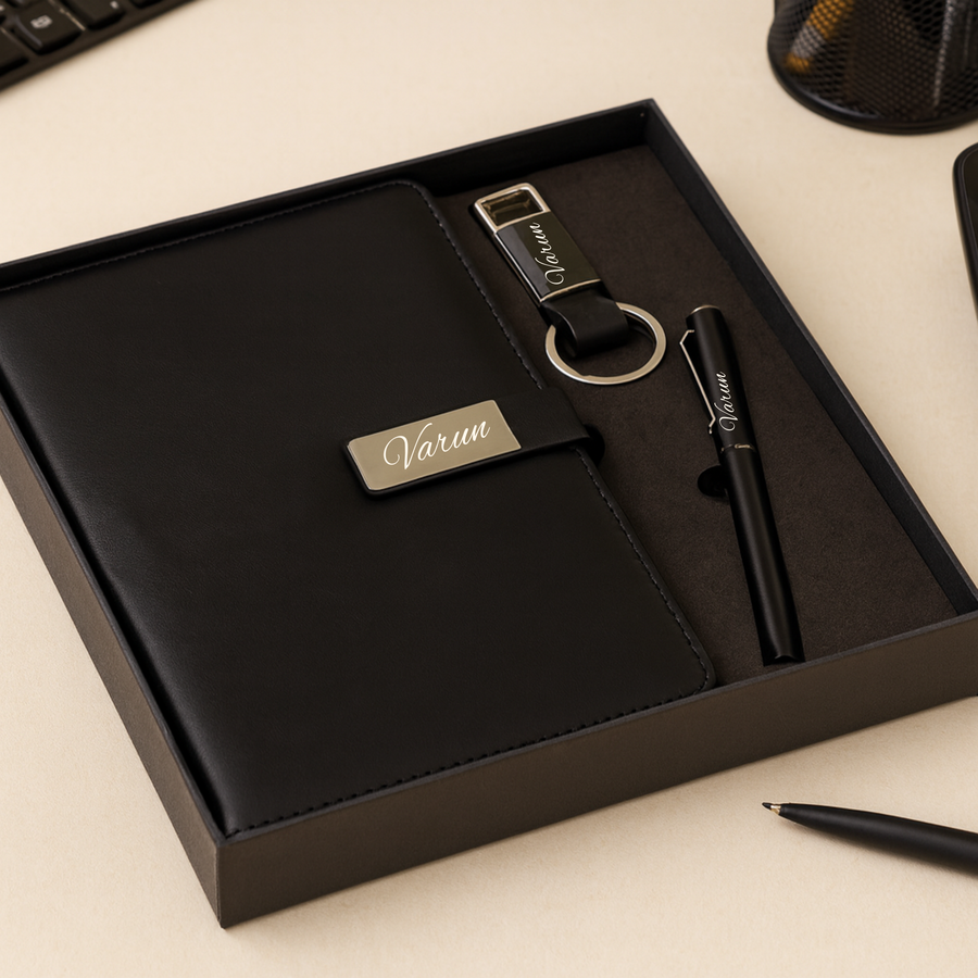 Classy Metal Flip Diary + Classic Nexon Pen + Classy Leather Metal Keychain- Black