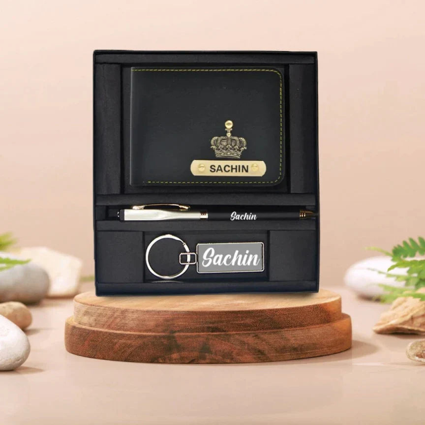 Personalised Leather Wallet + Pen & keychain Combo - Black