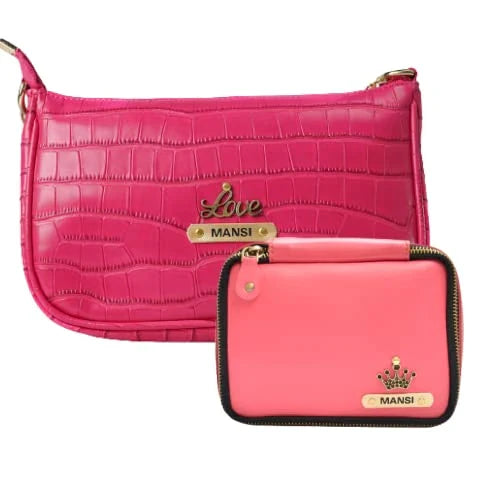 Customized Women's Croc Sling Bag + Mini Make up kit - Pink Pink