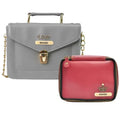 Customized Women's Buttoned Leather Bag + Mini Make up Kit - Grey Wine