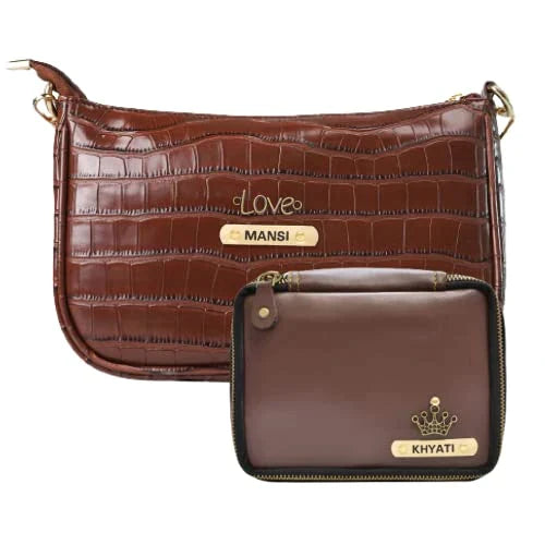 Customized Women's Croc Sling Bag + Mini Make up kit - Brown Brown