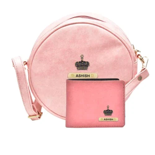 Classy Leather Customized Chained Sling Bag Round + Men's Wallet - Light Pink Peach