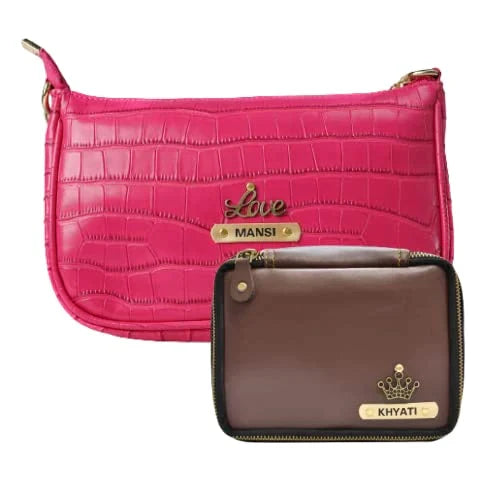 Customized Women's Croc Sling Bag + Mini Make up kit - Pink Brown