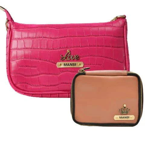 Customized Women's Croc Sling Bag + Mini Make up kit - Pink Tan