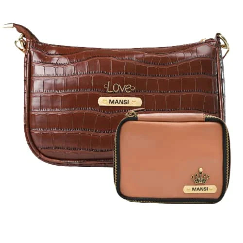 Customized Women's Croc Sling Bag + Mini Make up kit - Brown Tan