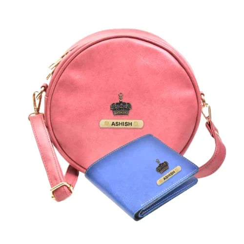 Classy Leather Customized Chained Sling Bag Round + Men's Wallet - Maroon Royal Blue