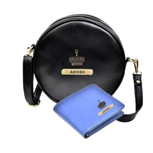 Classy Leather Customized Chained Sling Bag Round + Men's Wallet - Black Royal Blue