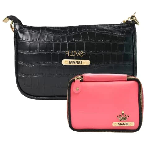 Customized Women's Croc Sling Bag + Mini Make up kit - Black Pink