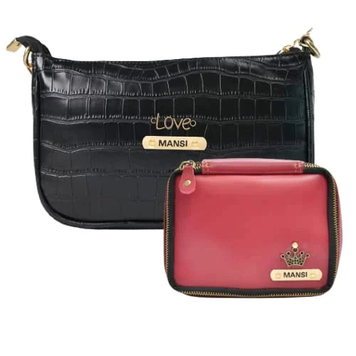 Customized Women's Croc Sling Bag + Mini Make up kit - Black Wine