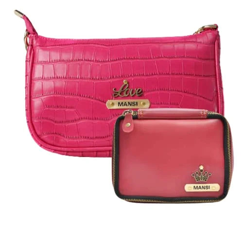 Customized Women's Croc Sling Bag + Mini Make up kit - Pink Wine