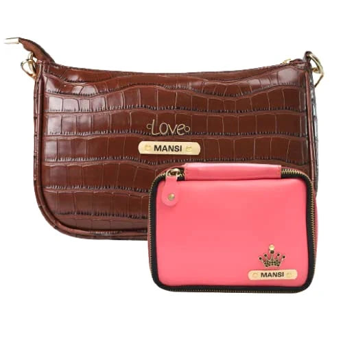 Customized Women's Croc Sling Bag + Mini Make up kit - Brown Pink