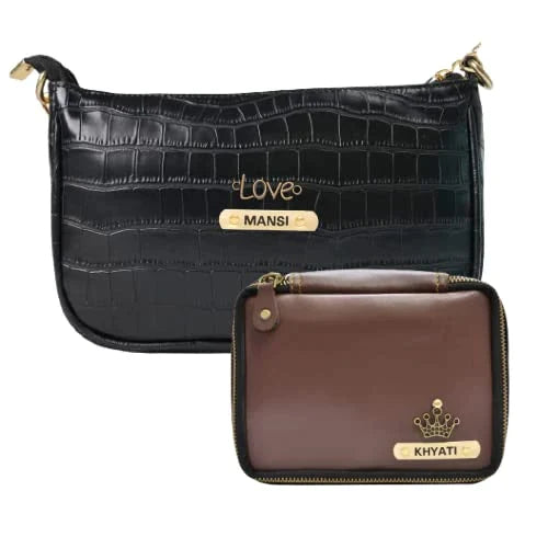 Customized Women's Croc Sling Bag + Mini Make up kit - Black Brown