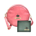 Classy Leather Customized Chained Sling Bag Round + Men's Wallet - Maroon Green