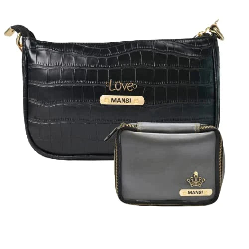 Customized Women's Croc Sling Bag + Mini Make up kit - Black Grey