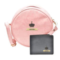 Classy Leather Customized Chained Sling Bag Round + Men's Wallet - Peach Black