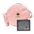 Classy Leather Customized Chained Sling Bag Round + Men's Wallet - Peach Black