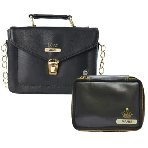 Customized Women's Buttoned Leather Bag + Mini Make up Kit - Black Black