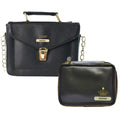 Customized Women's Buttoned Leather Bag + Mini Make up Kit - Black Black