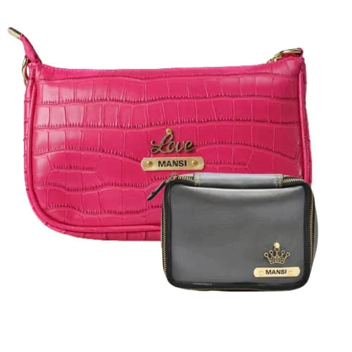 Customized Women's Croc Sling Bag + Mini Make up kit - Pink Grey