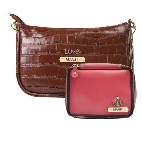 Customized Women's Croc Sling Bag + Mini Make up kit - Brown Wine