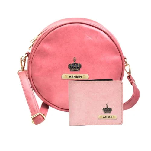 Classy Leather Customized Chained Sling Bag Round + Men's Wallet - Maroon Light Pink