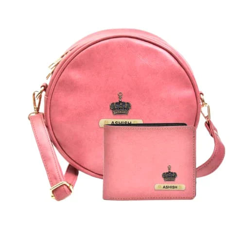 Classy Leather Customized Chained Sling Bag Round + Men's Wallet - Maroon Peach