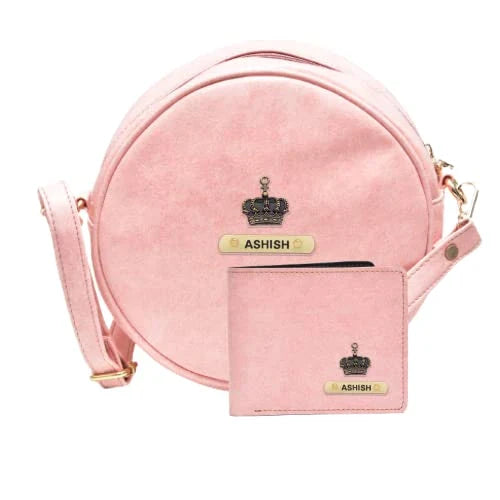 Classy Leather Customized Chained Sling Bag Round + Men's Wallet - Peach Light Pink