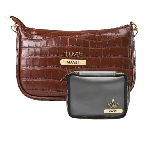 Customized Women's Croc Sling Bag + Mini Make up kit - Brown Grey
