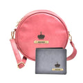 Classy Leather Customized Chained Sling Bag Round + Men's Wallet - Maroon Grey