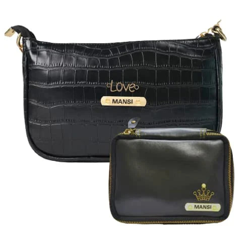 Customized Women's Croc Sling Bag + Mini Make up kit - Black Black
