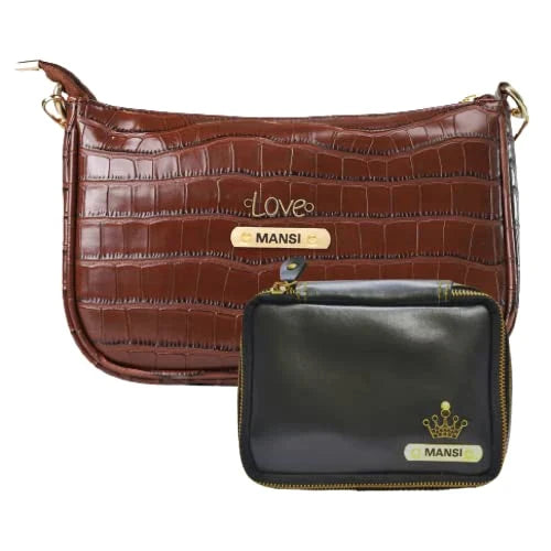 Customized Women's Croc Sling Bag + Mini Make up kit - Brown Black
